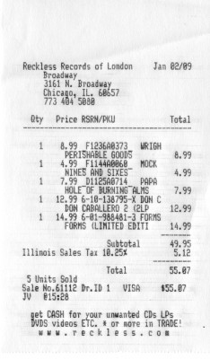 Receipt of trip to Reckless Records Broadway location