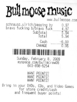 Receipt of trip to Bull Moose Music in Salem, NH