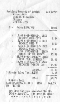 Receipt of trip to Reckless Records Milwaukee location
